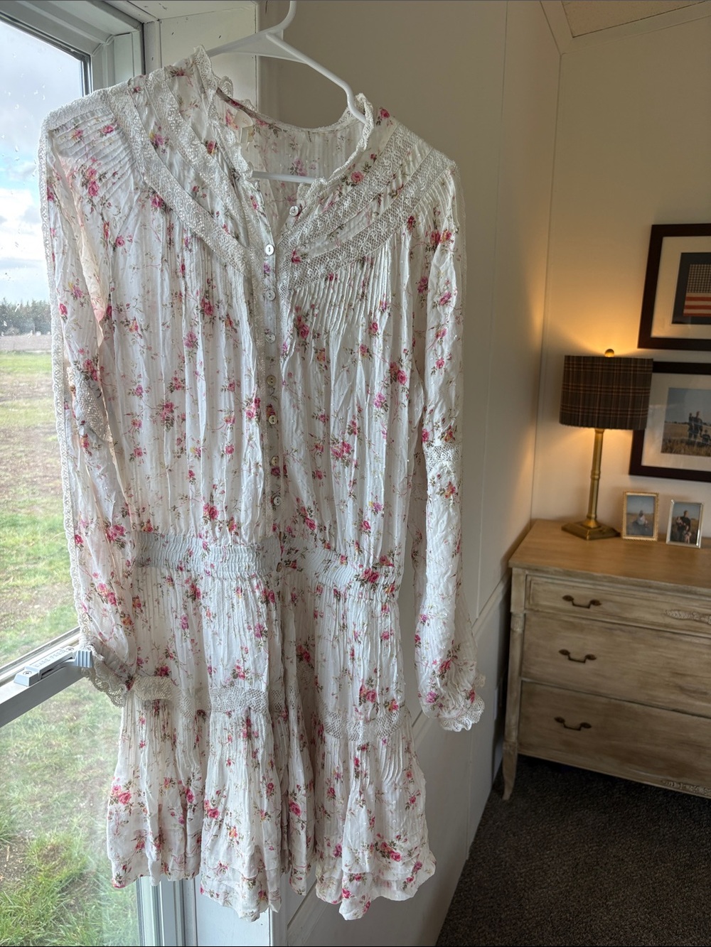 LoveShackFancy White Floral Long-Sleeve Tiered Dress